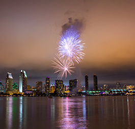 4th of July Fireworks over San Diego skyline. Long exposure night capture.